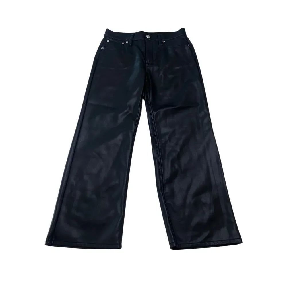 J. Crew Women's Faux Leather Slim Wide Leg Cropped Pants Black Dark Wash Size 2
